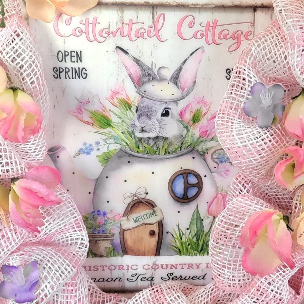 Easter Cottontail Inn Sign Bunny in a Teapot Deco Mesh Bow Floral Rabbit - Picture 3 of 8